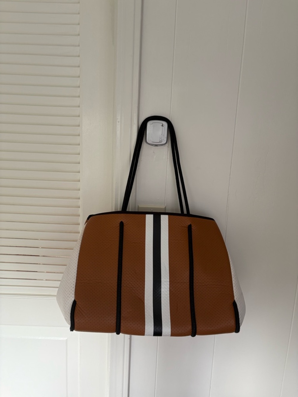 Haute Shore Brown and White Striped Neoprene Tote Bag with matching clutch